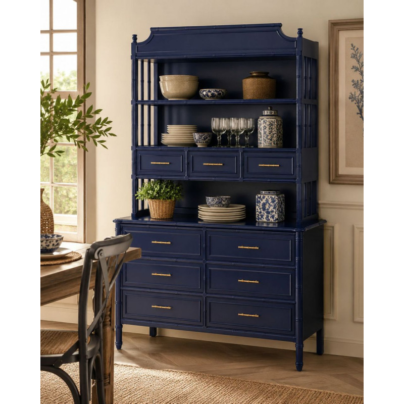 Bibliothèque 9 tiroirs en bois bleu roi Art déco 129x48x193 cm Vamau  - 2