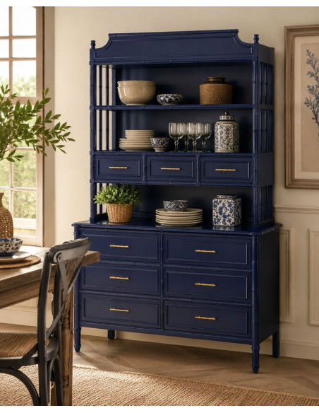 Bibliothèque 9 tiroirs en bois bleu roi Art déco 129x48x193 cm Vamau  - 2