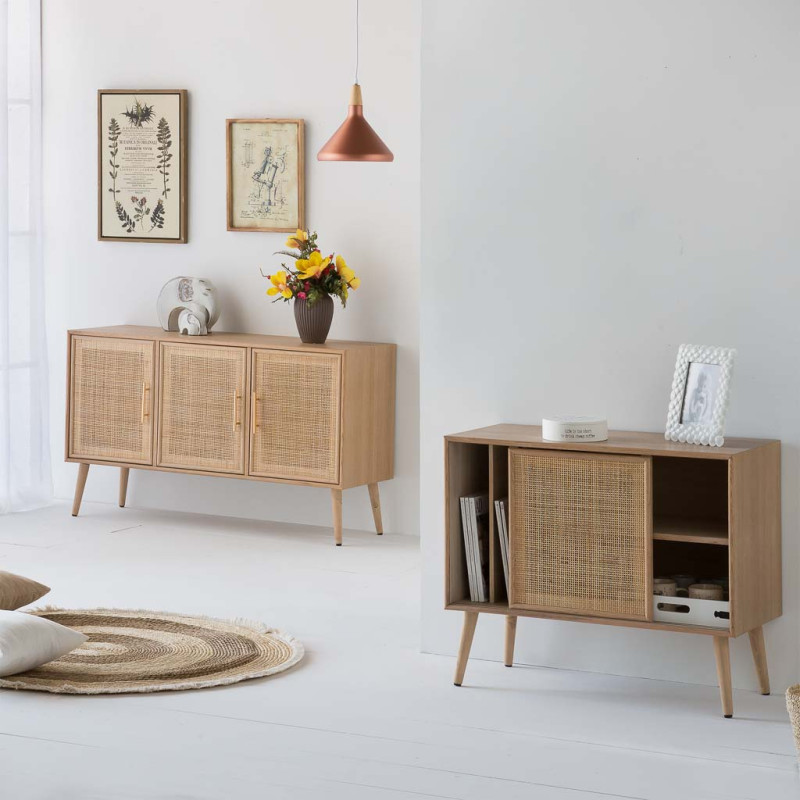 Buffet 3 portes en cannage bois clair 120 cm Zavero  - 2