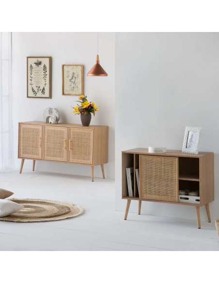 Buffet 3 portes en cannage bois clair 120 cm Zavero  - 2