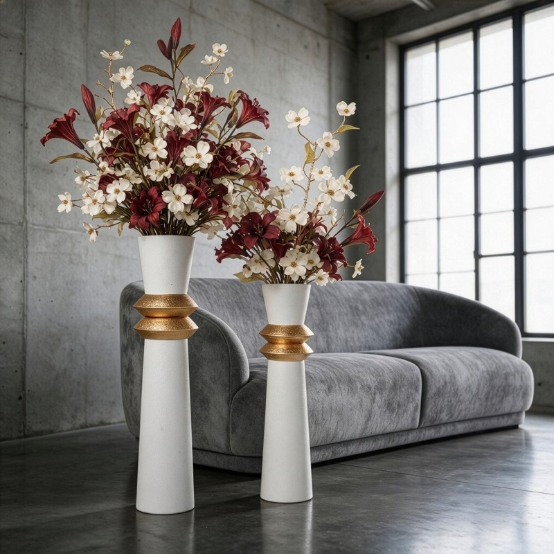 Grand vase décoratif en métal blanc et doré 79 cm Fizoa  - 2