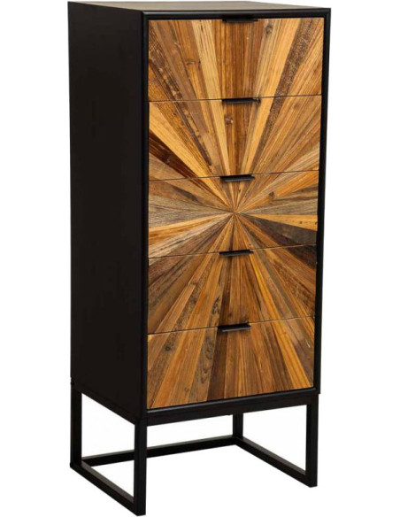 Chiffonnier industriel 5 tiroirs noir et bois recyclé 42x36,5x105 cm Ripao  - 1