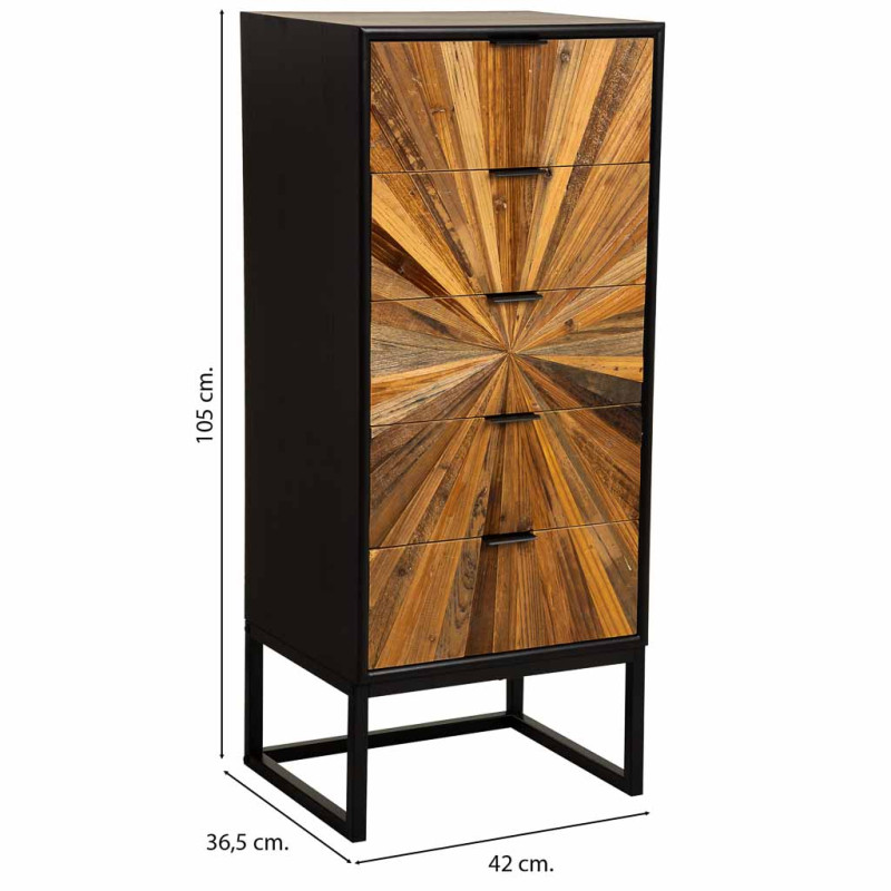 Chiffonnier industriel 5 tiroirs noir et bois recyclé 42x36,5x105 cm Ripao  - 9