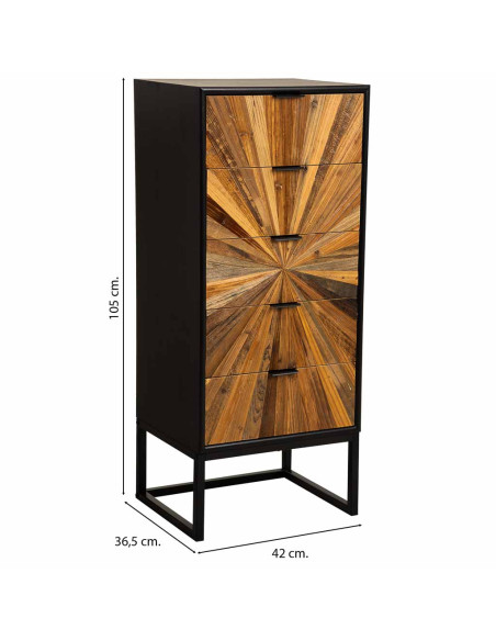 Chiffonnier industriel 5 tiroirs noir et bois recyclé 42x36,5x105 cm Ripao  - 9