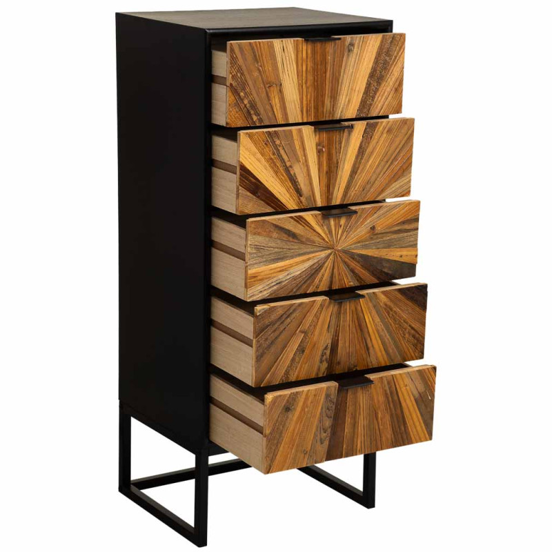 Chiffonnier industriel 5 tiroirs noir et bois recyclé 42x36,5x105 cm Ripao  - 4