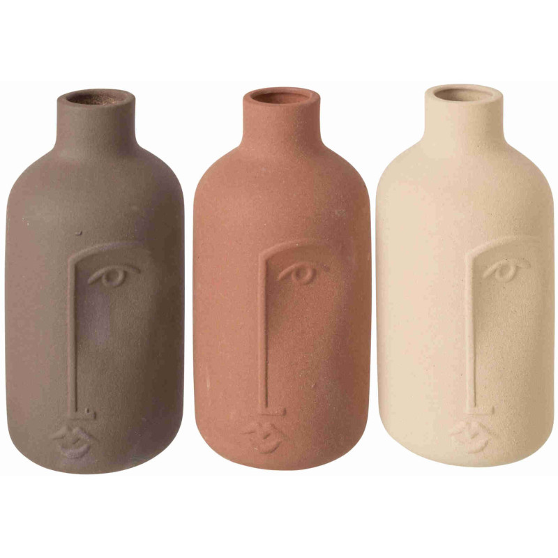 Lot de 3 vases visage en porcelaine émaillée écru terracotta taupe 10x10x19 cm Hatuk J-Line - 1