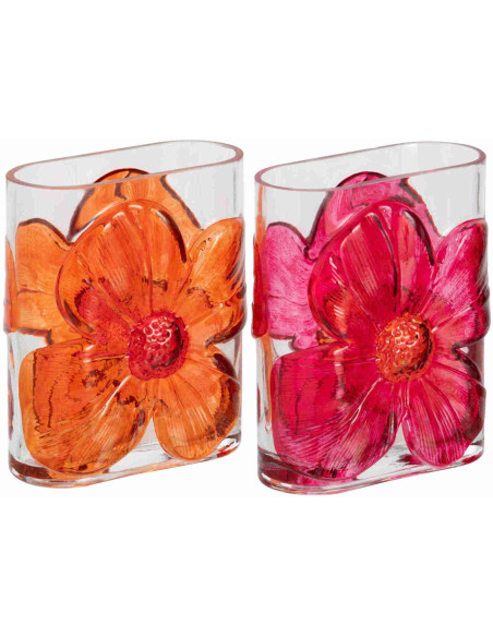 Lot de 2 vases fleuris en verre rose et orange 13x7,5x16 cm Bilom J-Line - 1