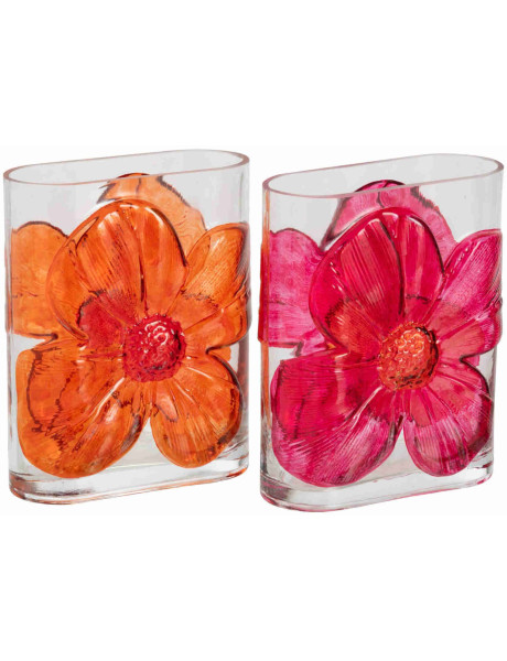Lot de 2 vases fleur en verre rose fuchsia et orange 16x9x20,5 cm Bilom J-Line - 1