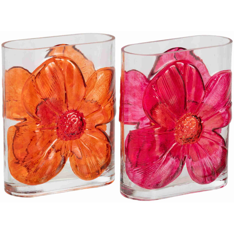 Lot de 2 vases fleur en verre rose fuchsia et orange 16x9x20,5 cm Bilom J-Line - 1
