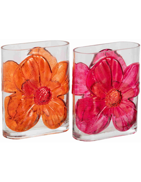 Lot de 2 vases fleur en verre rose fuchsia et orange 16x9x20,5 cm Bilom J-Line - 1