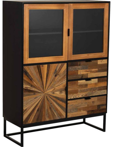 Buffet haut vitré industriel bois recyclé brun noir 100x40x135 cm Ripao  - 1