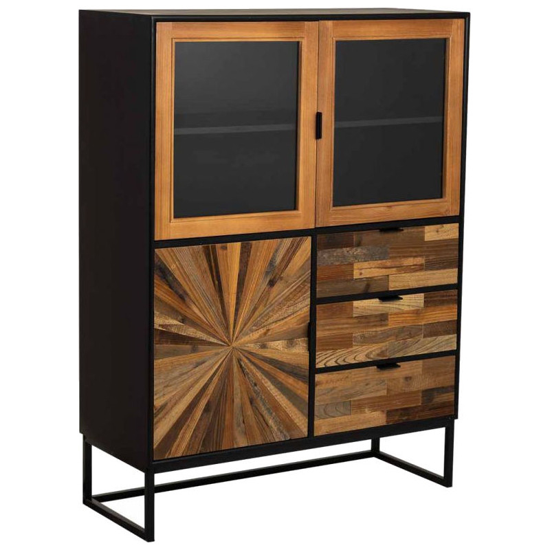 Buffet haut vitré industriel bois recyclé brun noir 100x40x135 cm Ripao  - 1
