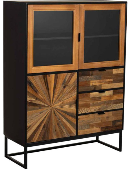 Buffet haut vitré industriel bois recyclé brun noir 100x40x135 cm Ripao  - 1