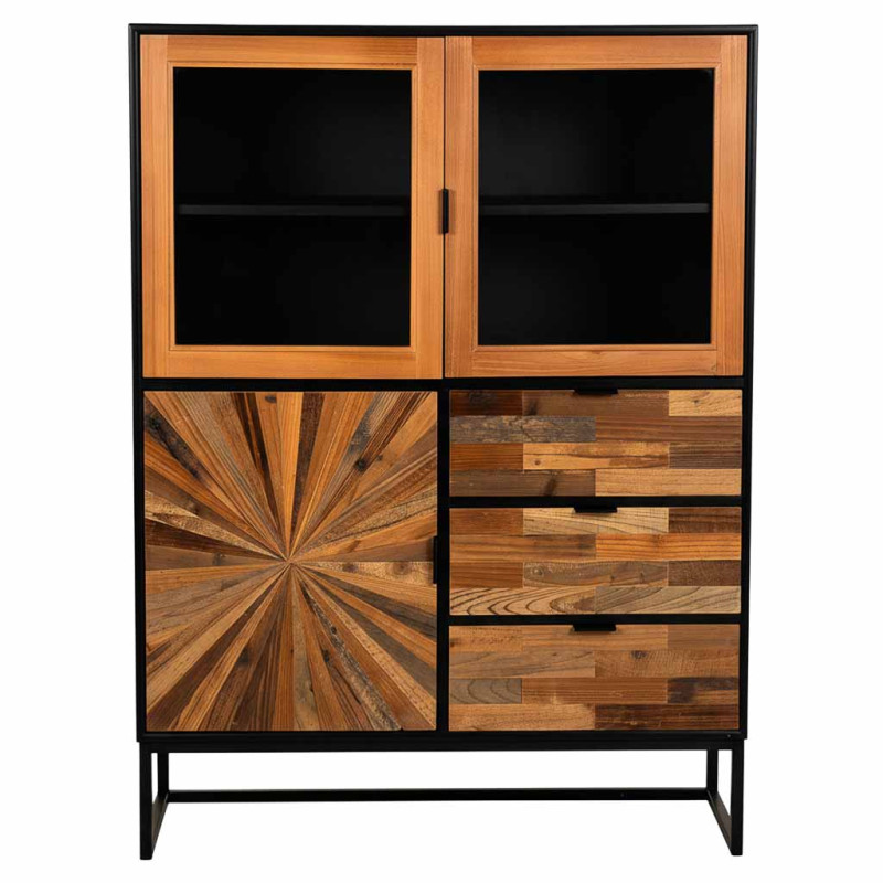 Buffet haut vitré industriel bois recyclé brun noir 100x40x135 cm Ripao  - 2