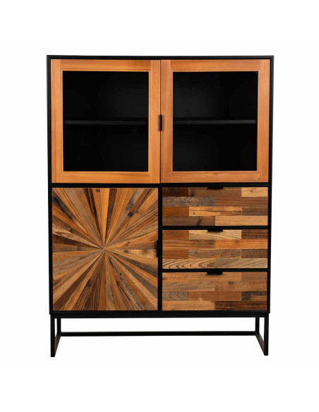 Buffet haut vitré industriel bois recyclé brun noir 100x40x135 cm Ripao  - 2