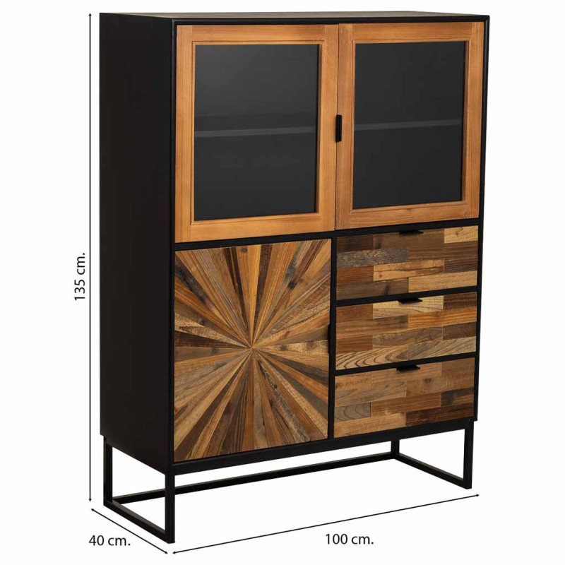 Buffet haut vitré industriel bois recyclé brun noir 100x40x135 cm Ripao  - 9