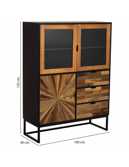 Buffet haut vitré industriel bois recyclé brun noir 100x40x135 cm Ripao  - 9