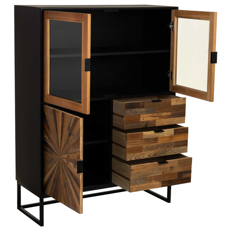 Buffet haut vitré industriel bois recyclé brun noir 100x40x135 cm Ripao  - 3