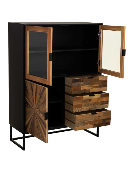 Buffet haut vitré industriel bois recyclé brun noir 100x40x135 cm Ripao  - 3