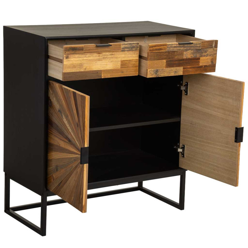 Buffet industriel 2 portes 2 tiroirs bois recyclé brun et noir 80x39,5x89 cm Ripao  - 3