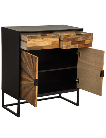 Buffet industriel 2 portes 2 tiroirs bois recyclé brun et noir 80x39,5x89 cm Ripao  - 3