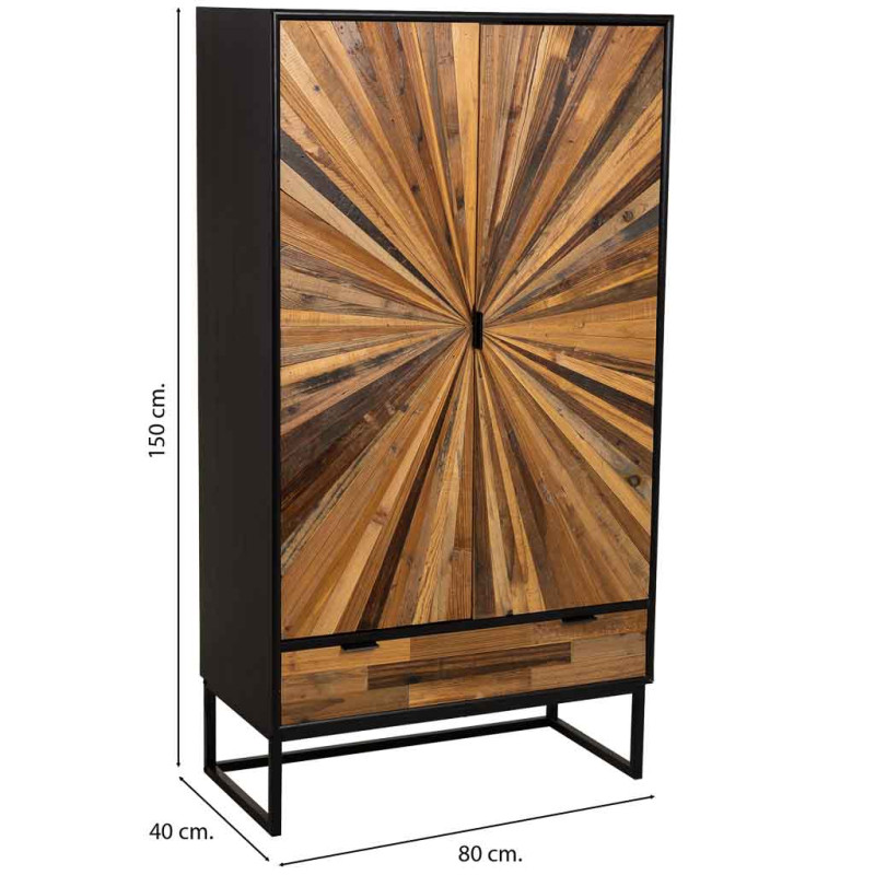 Buffet haut industriel 2 portes bois recyclé noir 80x40x150 cm Ripao  - 4