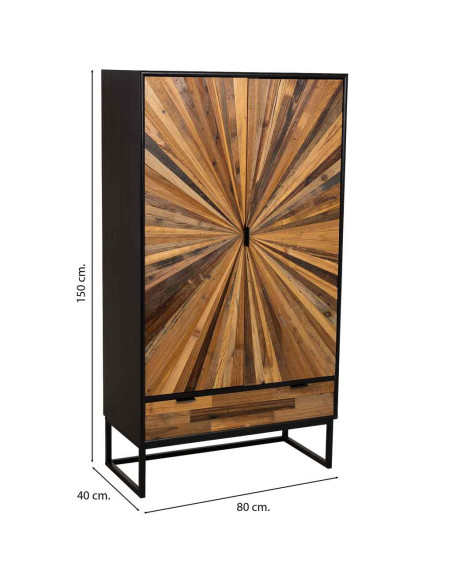 Buffet haut industriel 2 portes bois recyclé noir 80x40x150 cm Ripao  - 4