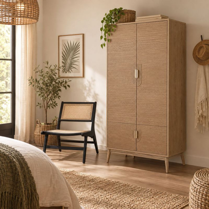 Armoire penderie 4 portes bois brun cannelé 80x56x180 cm Vireva  - 2