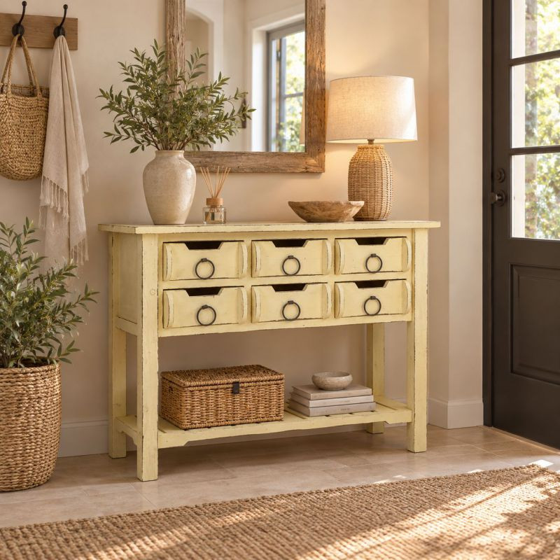 Console d’entrée 6 tiroirs bois de sapin jaune patiné 100x42x82 cm Zitua  - 2