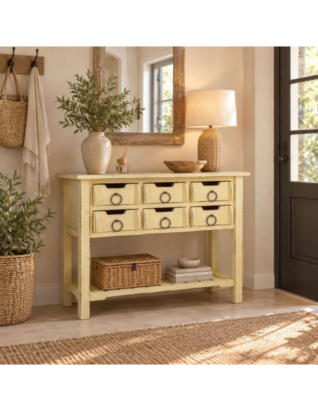 Console d’entrée 6 tiroirs bois de sapin jaune patiné 100x42x82 cm Zitua  - 2