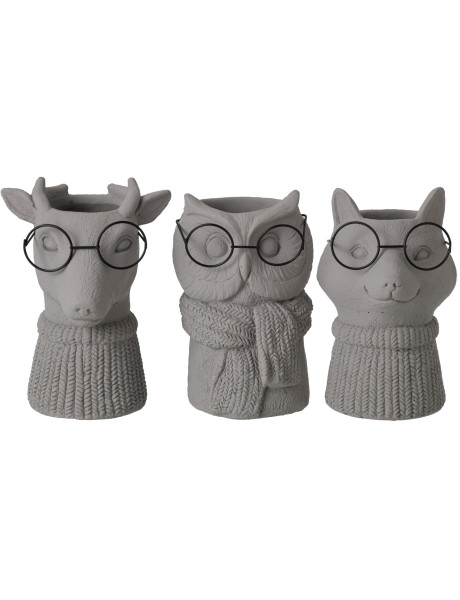 Lot de 3 cache-pots animaux ciment gris et métal noir 6,5x5,9x8,5 cm Ruimp J-Line - 1