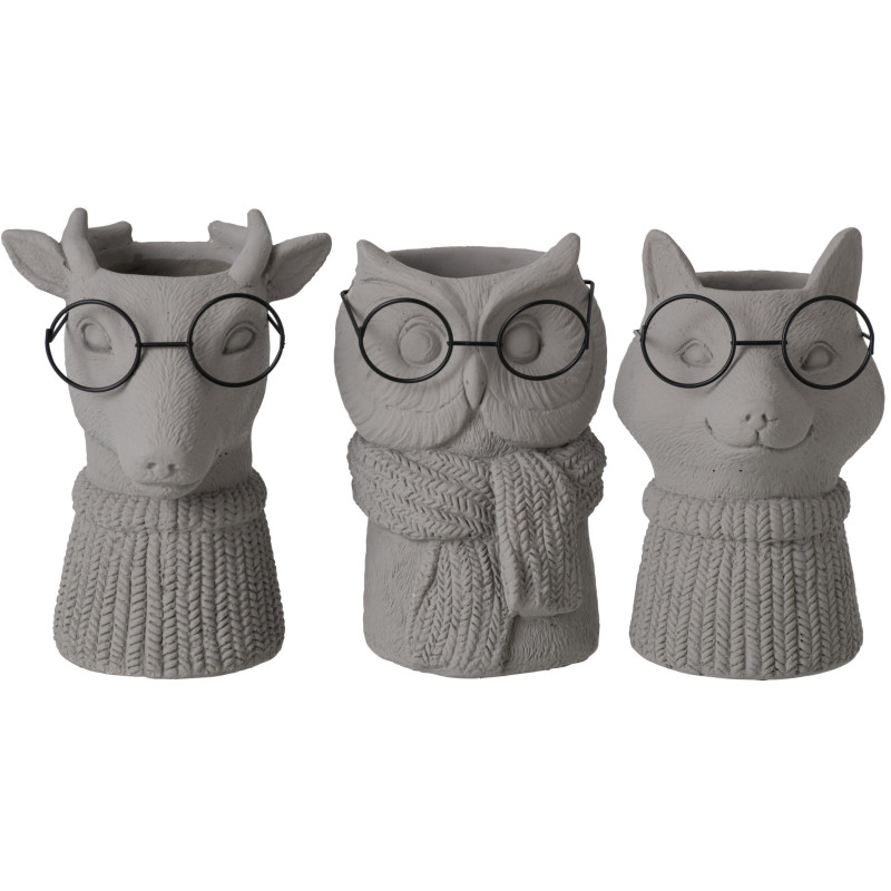 Lot de 3 cache-pots animaux ciment gris et métal noir 6,5x5,9x8,5 cm Ruimp J-Line - 1
