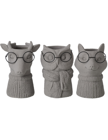 Lot de 3 cache-pots animaux ciment gris et métal noir 6,5x5,9x8,5 cm Ruimp J-Line - 1
