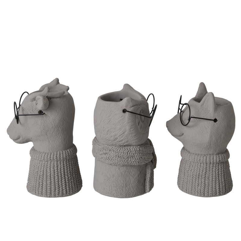 Lot de 3 cache-pots animaux ciment gris et métal noir 6,5x5,9x8,5 cm Ruimp J-Line - 2