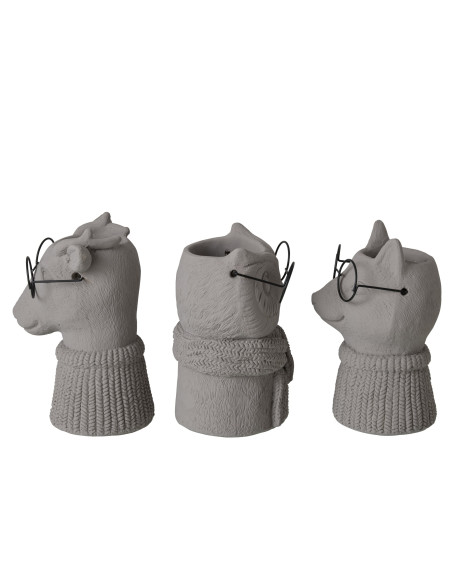 Lot de 3 cache-pots animaux ciment gris et métal noir 6,5x5,9x8,5 cm Ruimp J-Line - 2