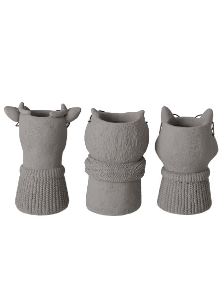 Lot de 3 cache-pots animaux ciment gris et métal noir 6,5x5,9x8,5 cm Ruimp J-Line - 3