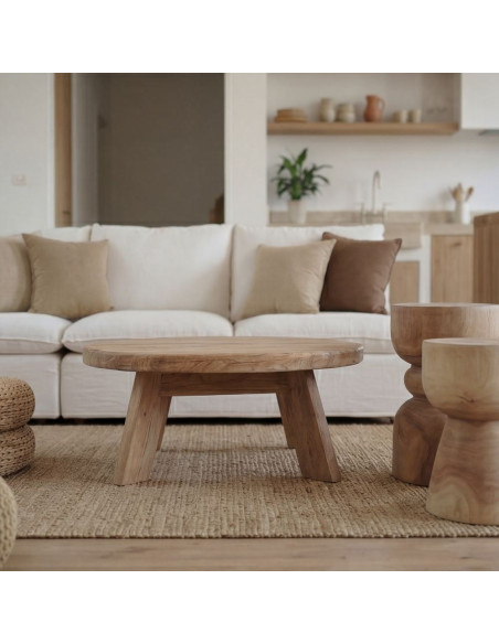 Table basse ronde en pin recyclé naturel Ø90x35 cm Javau  - 7