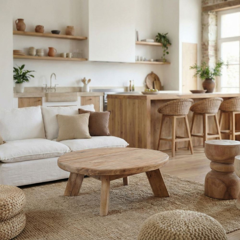 Table basse ronde en pin recyclé naturel Ø90x35 cm Javau  - 2