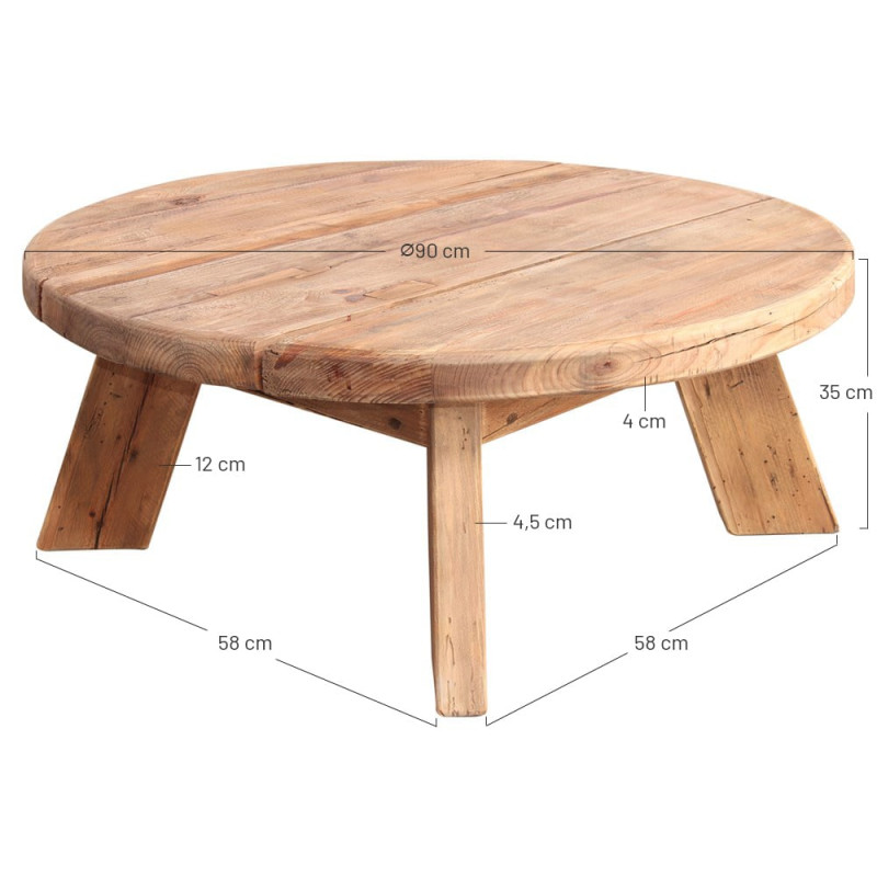 Table basse ronde en pin recyclé naturel Ø90x35 cm Javau  - 5