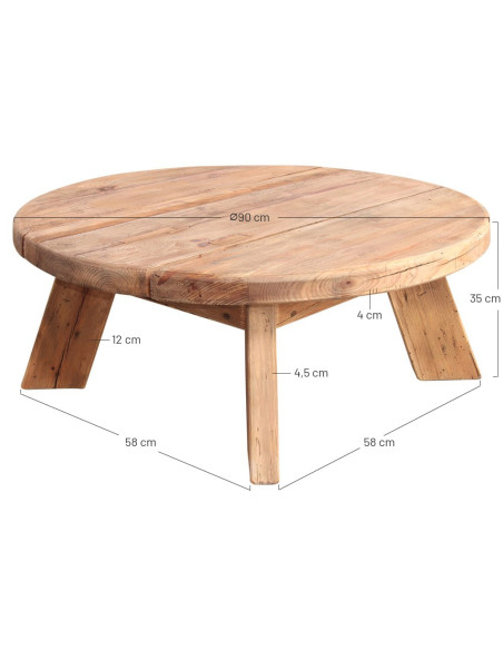 Table basse ronde en pin recyclé naturel Ø90x35 cm Javau  - 5