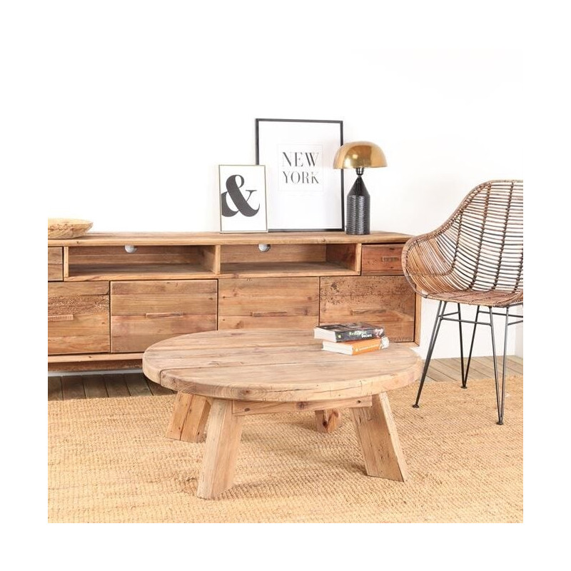 Table basse ronde en pin recyclé naturel Ø90x35 cm Javau  - 9