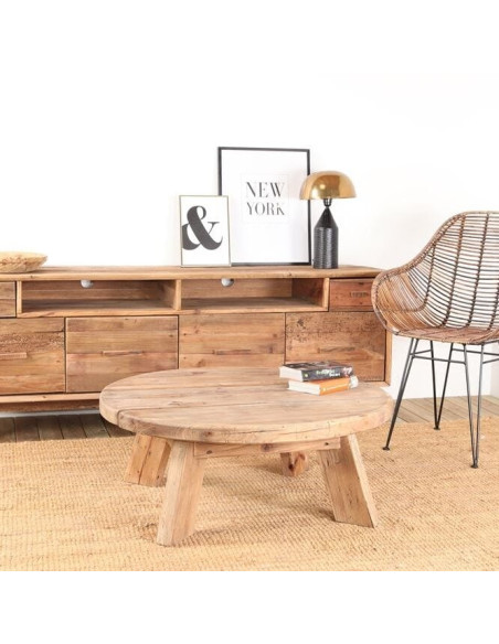 Table basse ronde en pin recyclé naturel Ø90x35 cm Javau  - 9