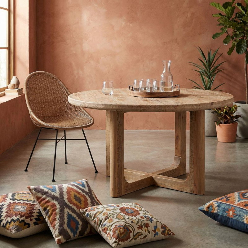 Table à manger ronde rustique en pin recyclé naturel Ø150x76 cm Firua  - 2
