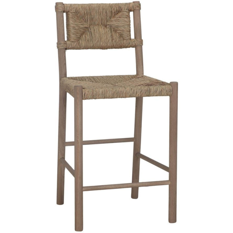 Tabouret de bar chêne massif naturel et fibres tressées 47x52x105 cm Meleo  - 1