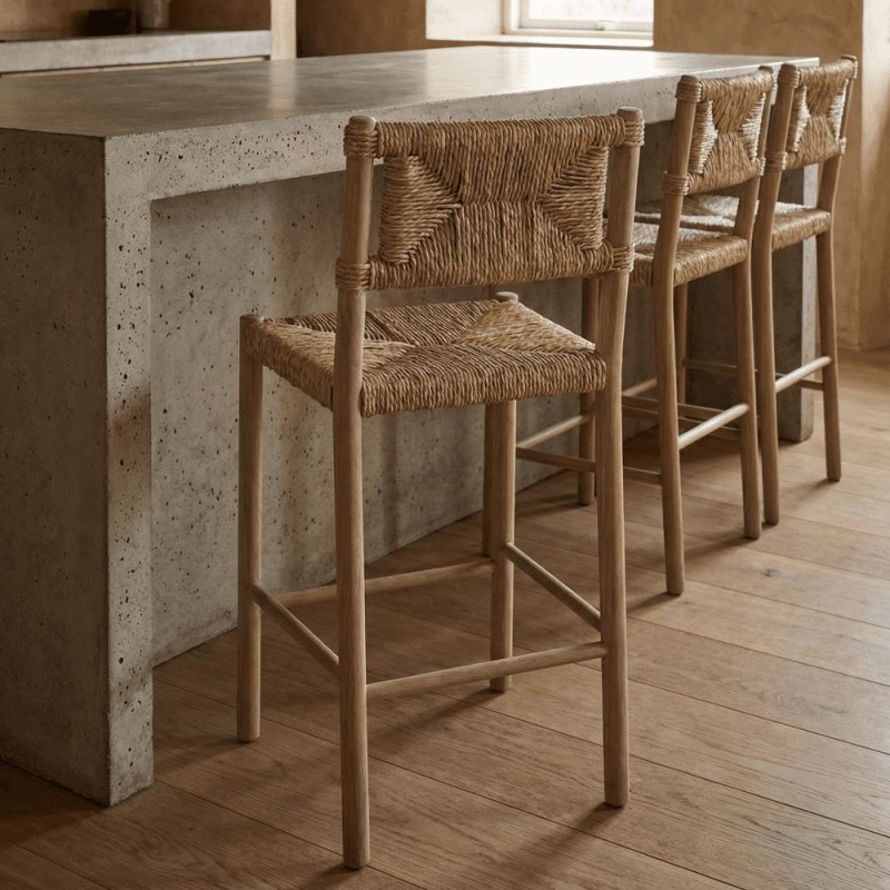 Tabouret de bar chêne massif naturel et fibres tressées 47x52x105 cm Meleo  - 2