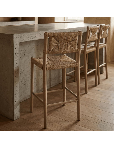 Tabouret de bar chêne massif naturel et fibres tressées 47x52x105 cm Meleo  - 2