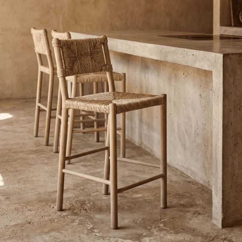 Tabouret de bar chêne massif naturel et fibres tressées 47x52x105 cm Meleo  - 7