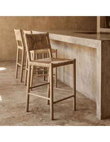 Tabouret de bar chêne massif naturel et fibres tressées 47x52x105 cm Meleo  - 7