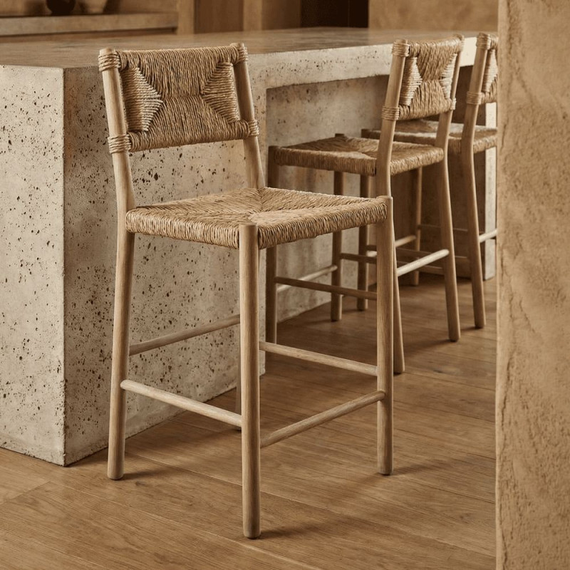 Tabouret de bar chêne massif naturel et fibres tressées 47x52x105 cm Meleo  - 8