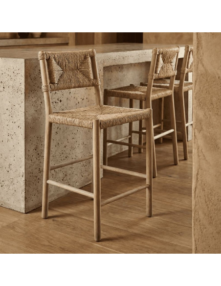 Tabouret de bar chêne massif naturel et fibres tressées 47x52x105 cm Meleo  - 8
